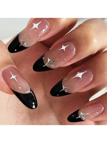 Silver Cosmos Black Nails