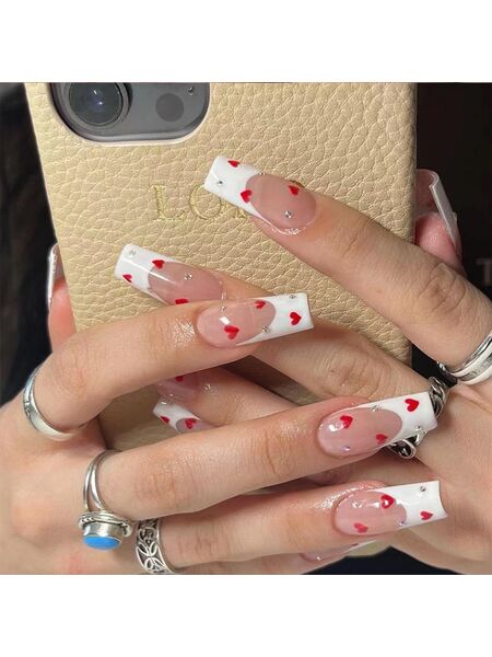 Heart Jewel White Nails