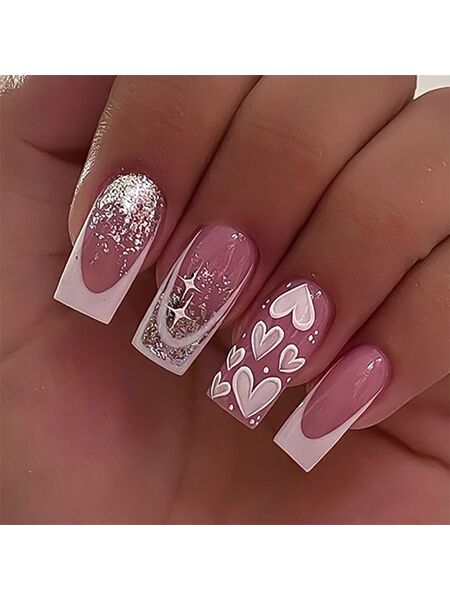 Glitter Heart Pink Nails
