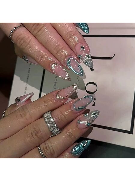 Wave Glitter Blue Nails