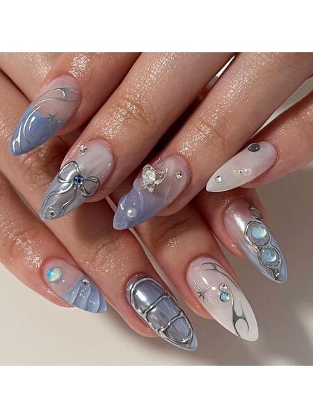 Embossed Bow Blue Nails