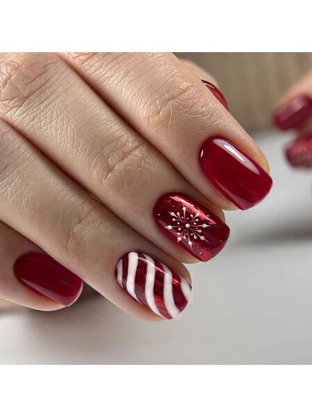 Christmas Candy Stripes Wine Red Nails