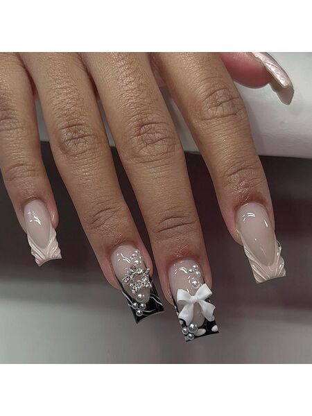 Bow Water Ripple Pink Nails