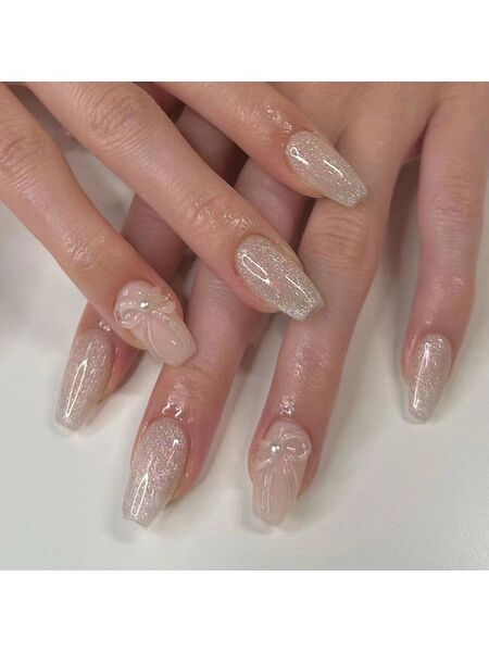 Bow Glitter Pink Nails
