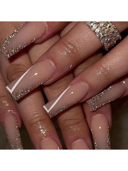 White Lines Glitter Gold Nails