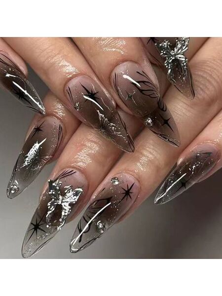Butterfly Rhinestone Black Nails