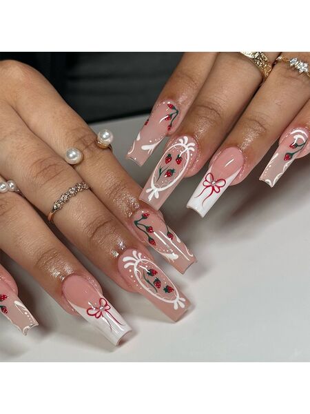 Sweet Berry Bow Pink Nails
