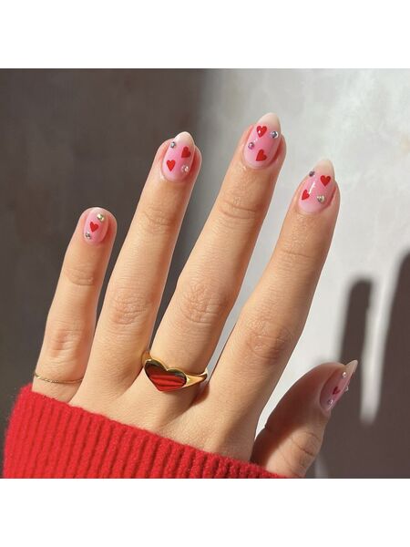 Crystal Heart Pink Nails